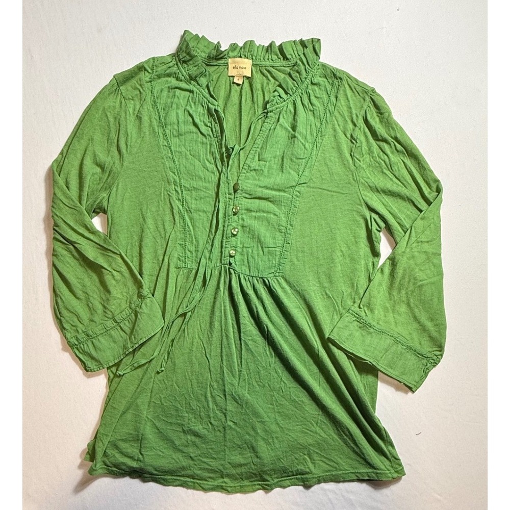 Ella‎ Moss Green Ruffle Neck Peasant Blouse 3/4 Sleeve Boho Top Small-2271